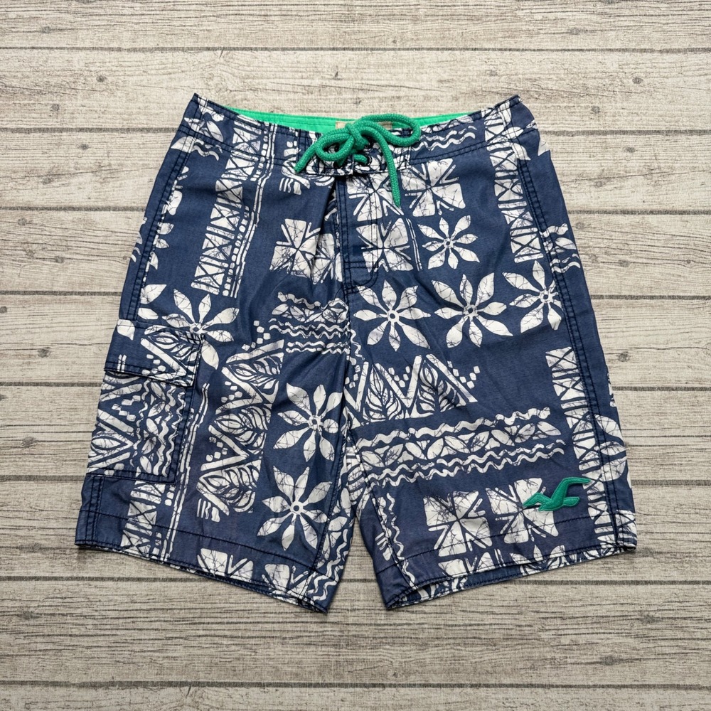 Y2K Hollister Board Shorts Mens Medium Blue White Floral Batik Cargo Swim Trunks
